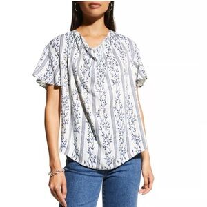 HARSHMAN Despina Blouse Floral Blue White Vine Print Short Sleeve Sz S NEW